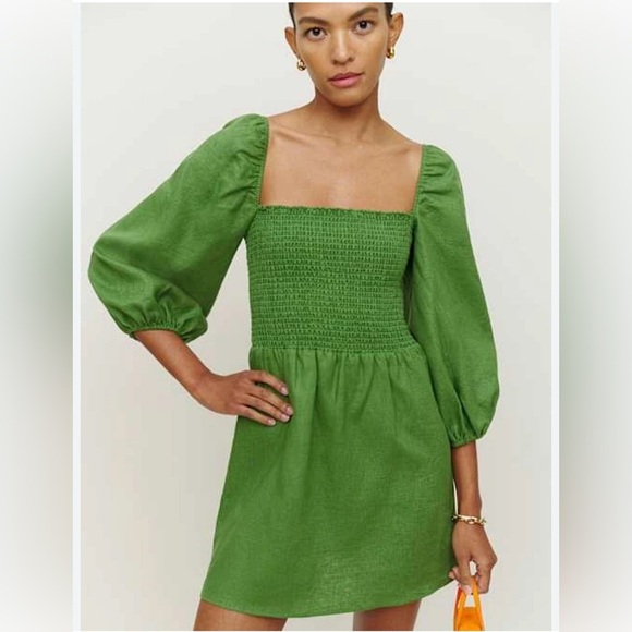 Reformation Dress Greyson Shirred Linen Mini Dress Green XL $245 - Picture 2 of 13